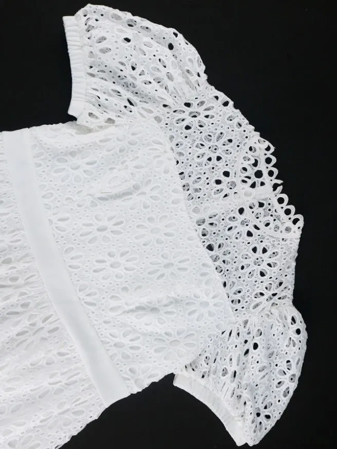 AOMEIDRESS White Lace Dress Hollow Out Puff Sleeves High Waist A Line