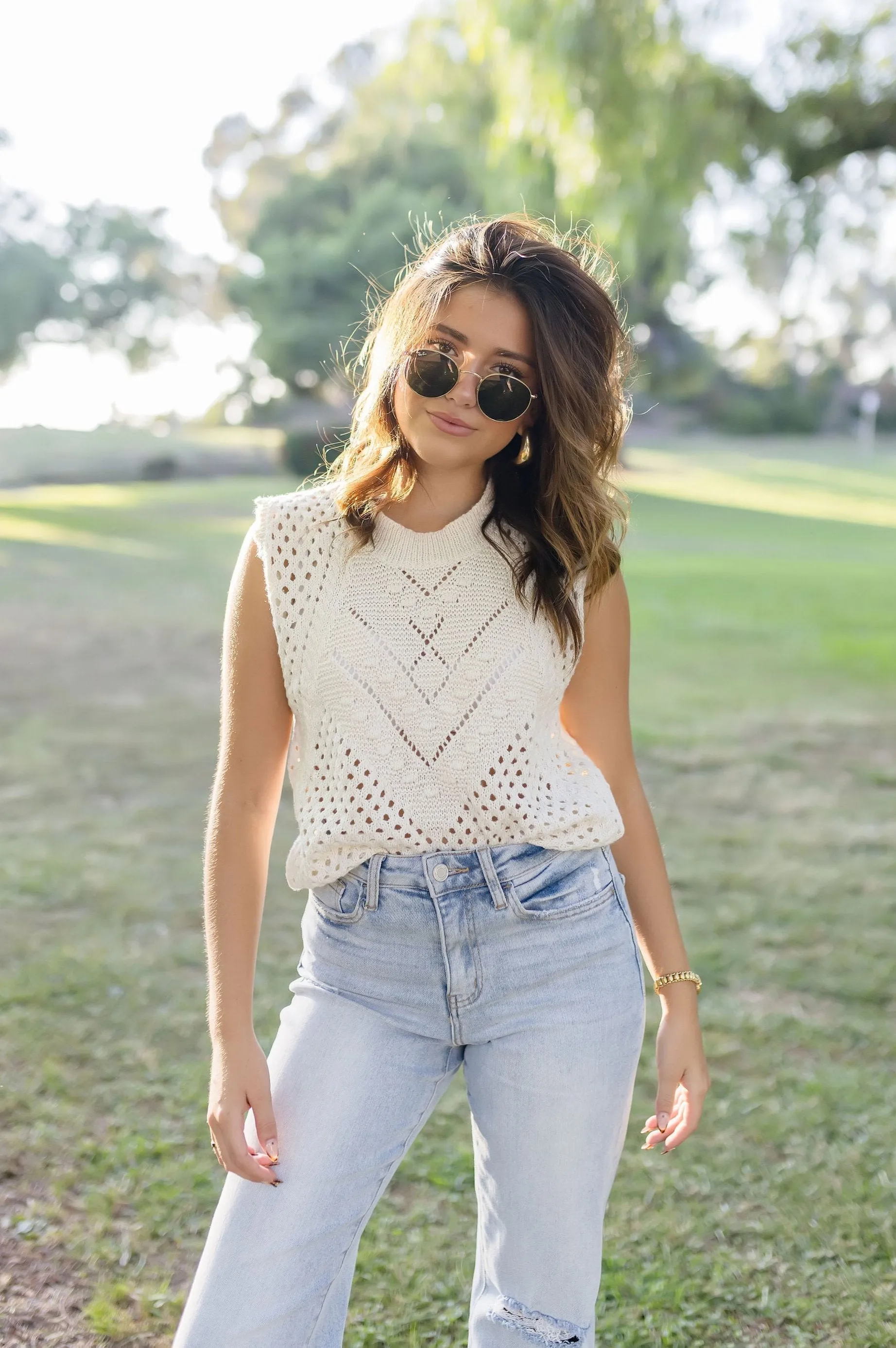 Ashton Sleeveless Crochet Knit Sweater Top Taupe