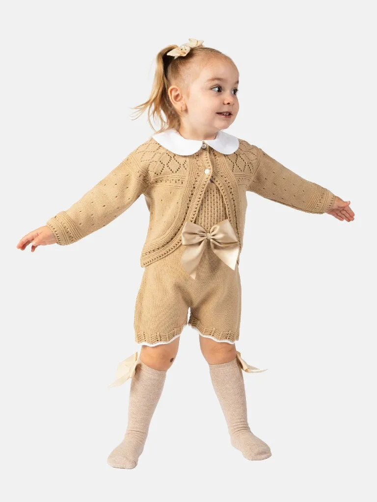 Baby Girl Lily Collection 3-piece Spanish Knitted Set- Beige/Tan