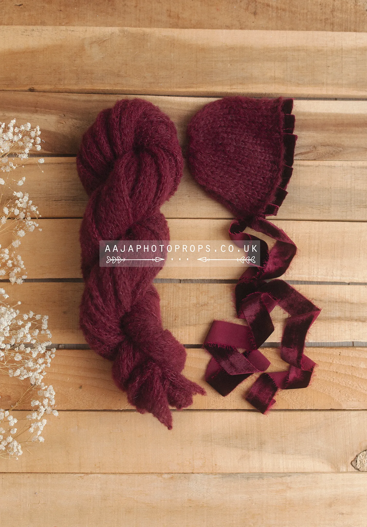 Baby newborn bonnet with velvet, wrap set, maroon, burgundy, made to order