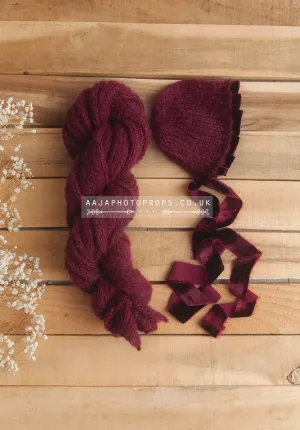 Baby newborn bonnet with velvet, wrap set, maroon, burgundy, made to order
