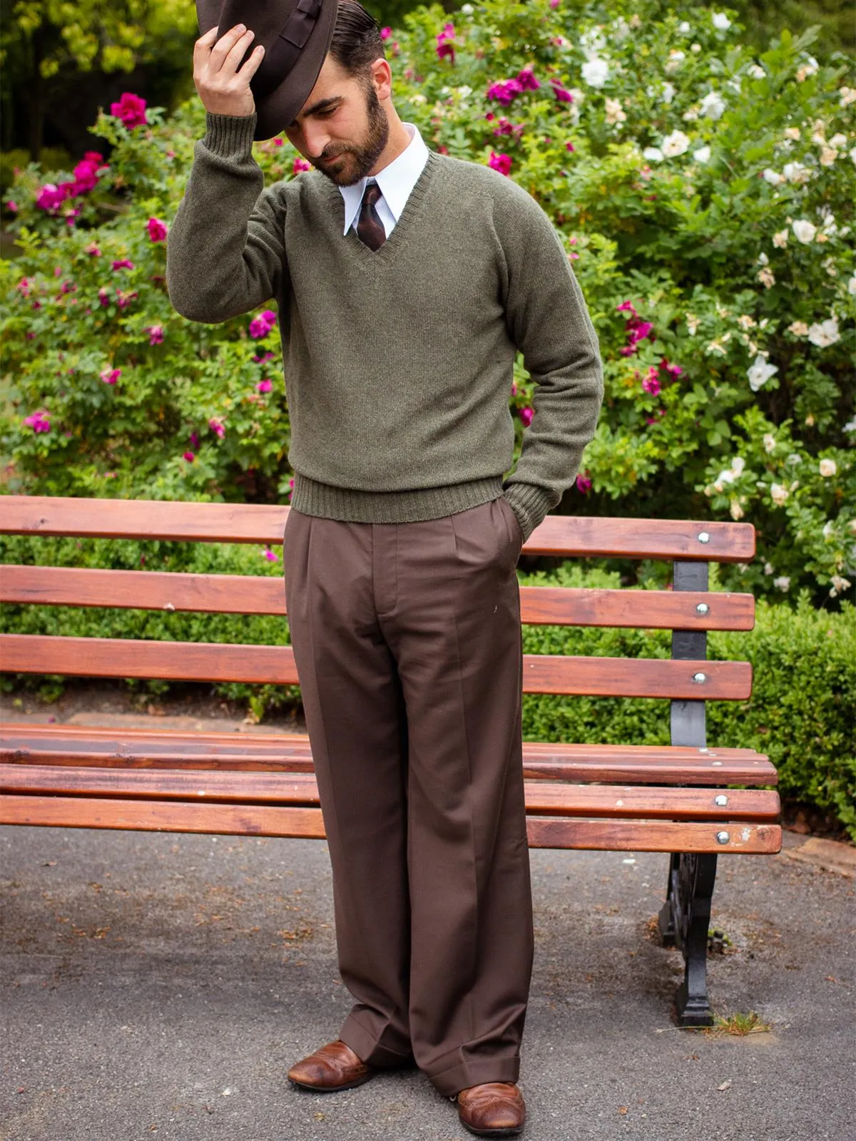 Forties Vintage Hugo Fishtail Back Trousers In Cocoa Brown
