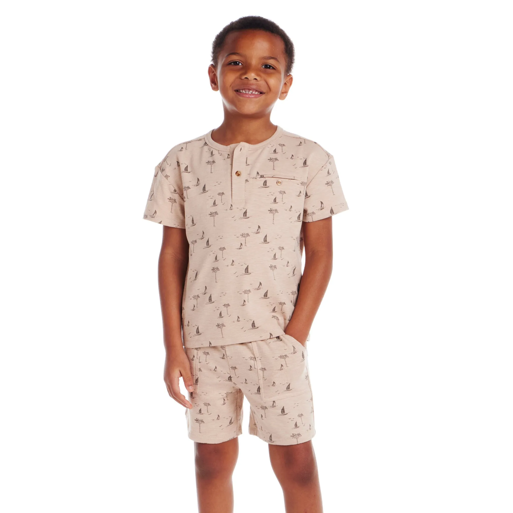 Kids (2-7) Washed Henley and Shorts Set | Sailboats