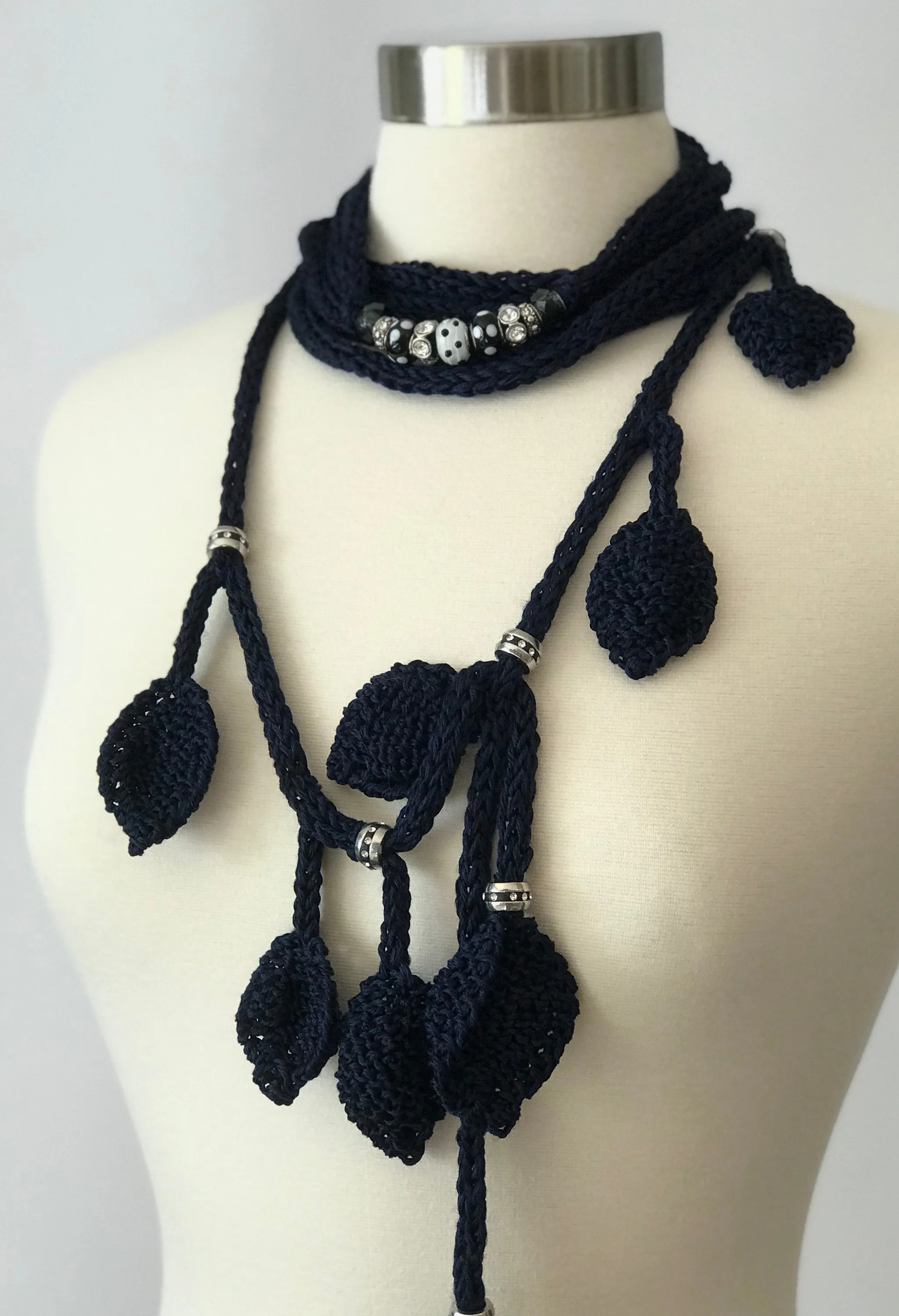 Knitted Lariat Scarf in Leaves Pattern, Scarf Necklace  in Dark Navy Color