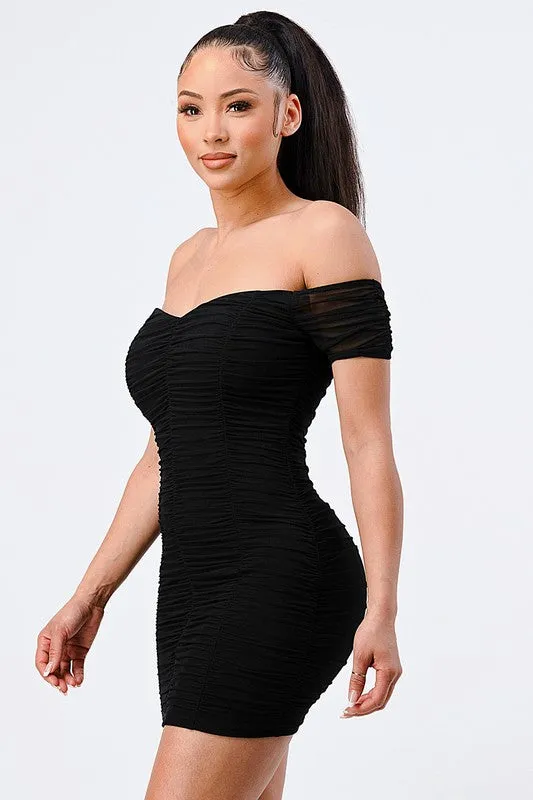 LUX OFF SHOULDER STRETCH RUCHED BODYCON MINI DRESS