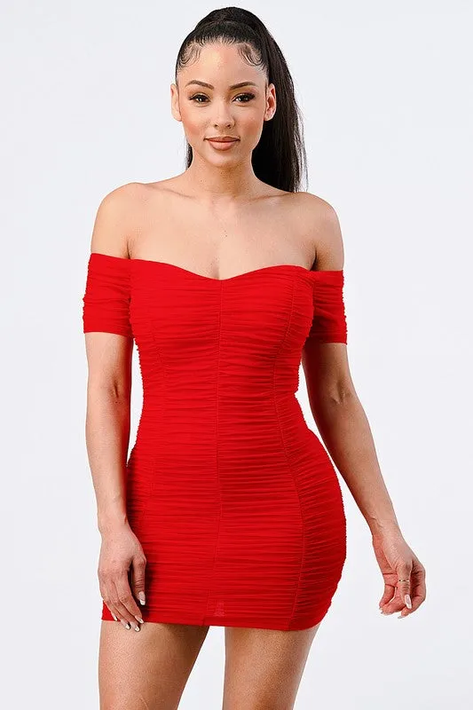 LUX OFF SHOULDER STRETCH RUCHED BODYCON MINI DRESS