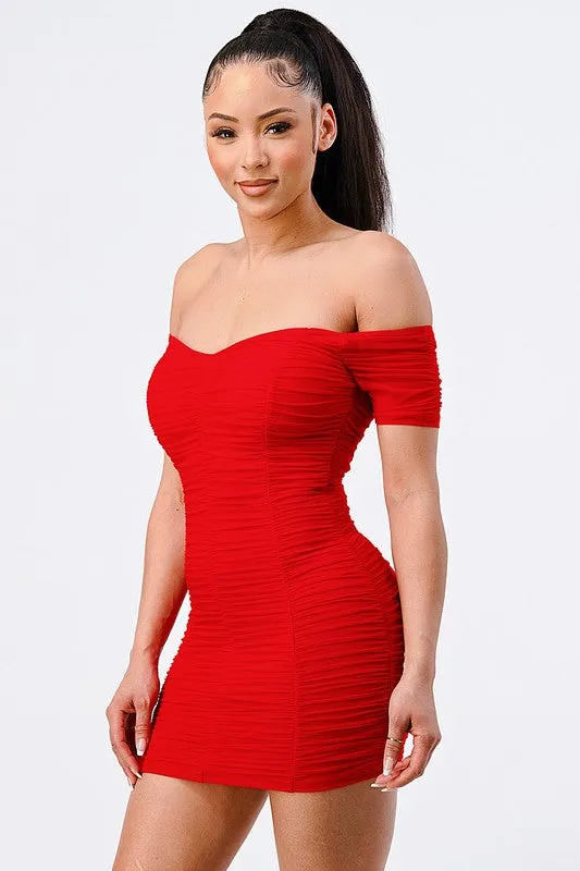 LUX OFF SHOULDER STRETCH RUCHED BODYCON MINI DRESS