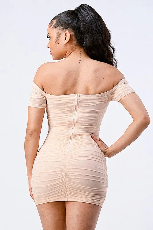 LUX OFF SHOULDER STRETCH RUCHED BODYCON MINI DRESS