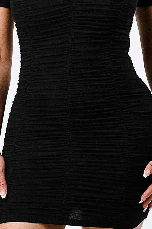 LUX OFF SHOULDER STRETCH RUCHED BODYCON MINI DRESS