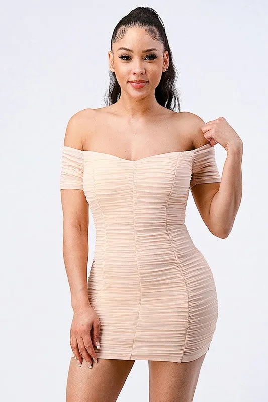 LUX OFF SHOULDER STRETCH RUCHED BODYCON MINI DRESS