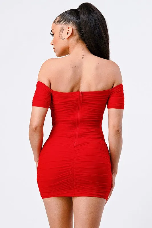 LUX OFF SHOULDER STRETCH RUCHED BODYCON MINI DRESS