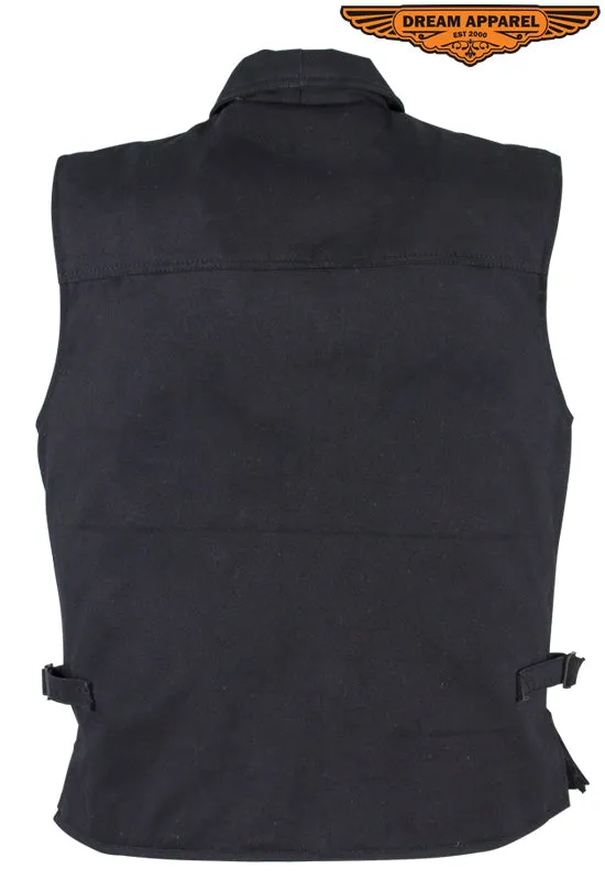 Men’s Black Denim Motorcycle Club Vest with Folded Collar & Hidden Snaps