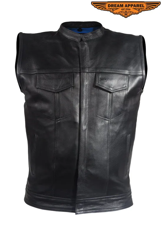 Mens Leather Motorcycle Vest With Blue Liner