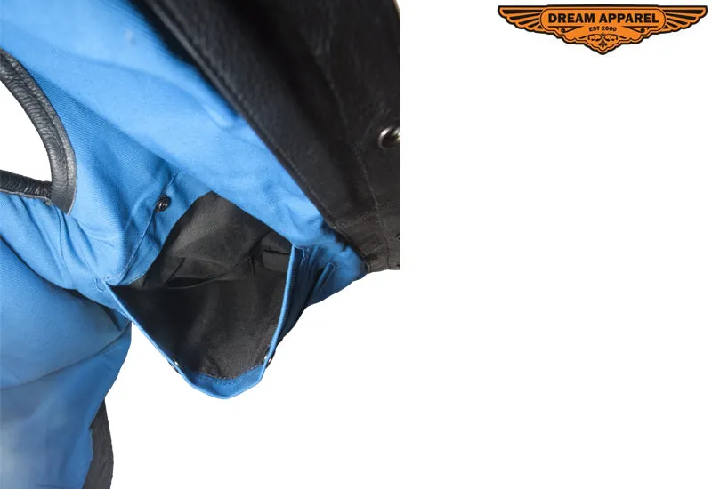 Mens Leather Motorcycle Vest With Blue Liner