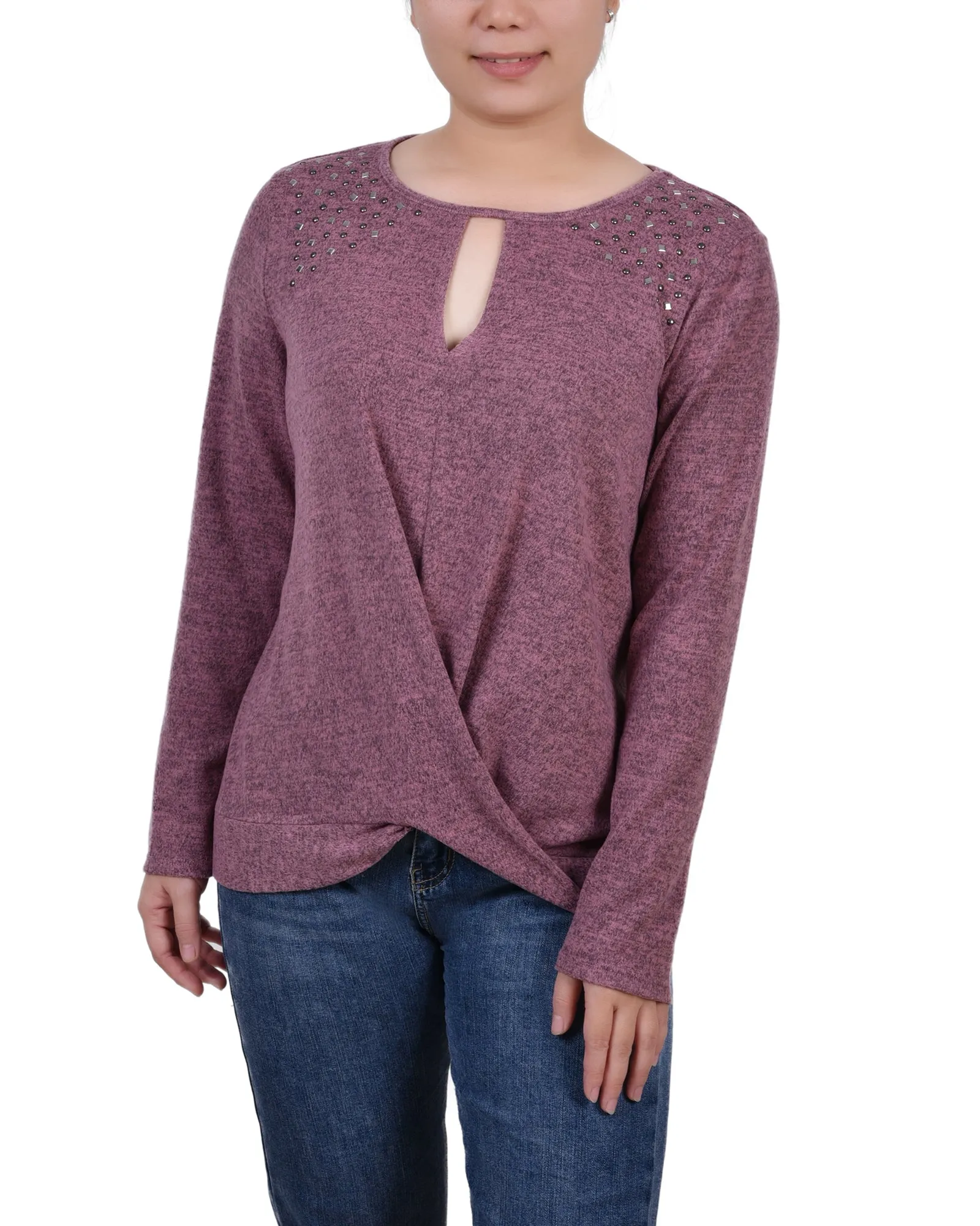 Petite Long Sleeve Knit Keyhole Top With Studs