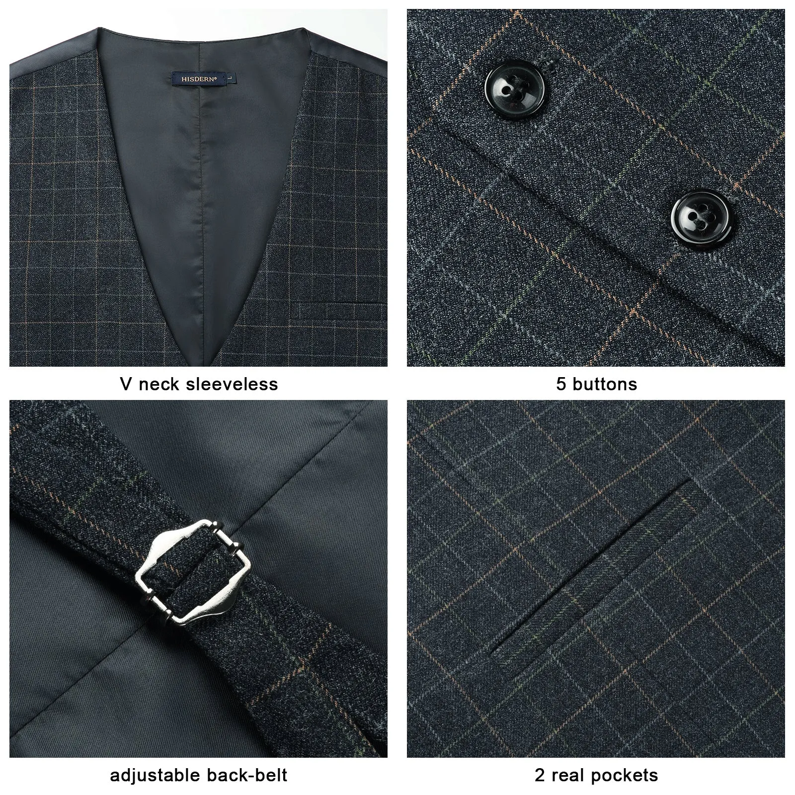 Plaid Slim Suit Vest - A-DARK BLACK