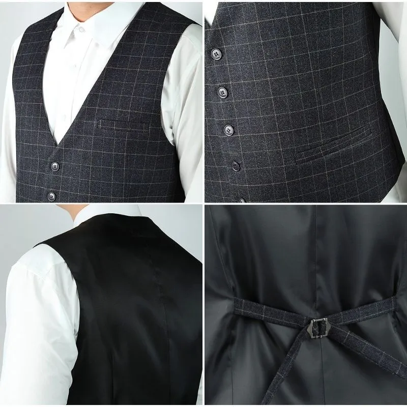 Plaid Slim Suit Vest - A-DARK BLACK