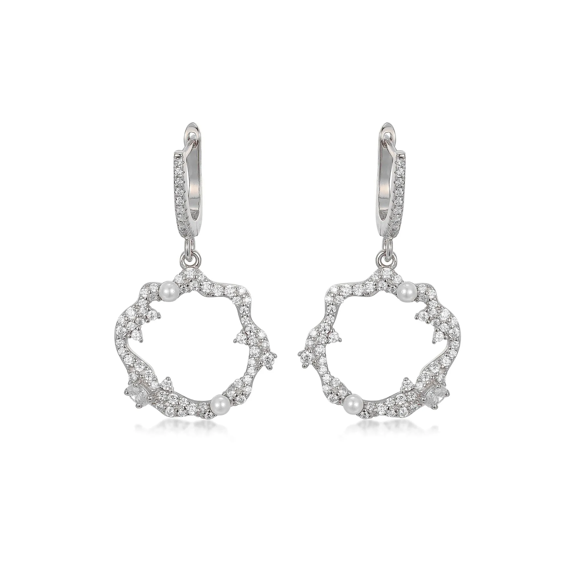 Sterling Silver Sprinkled CZ and Pearl Circle Earrings