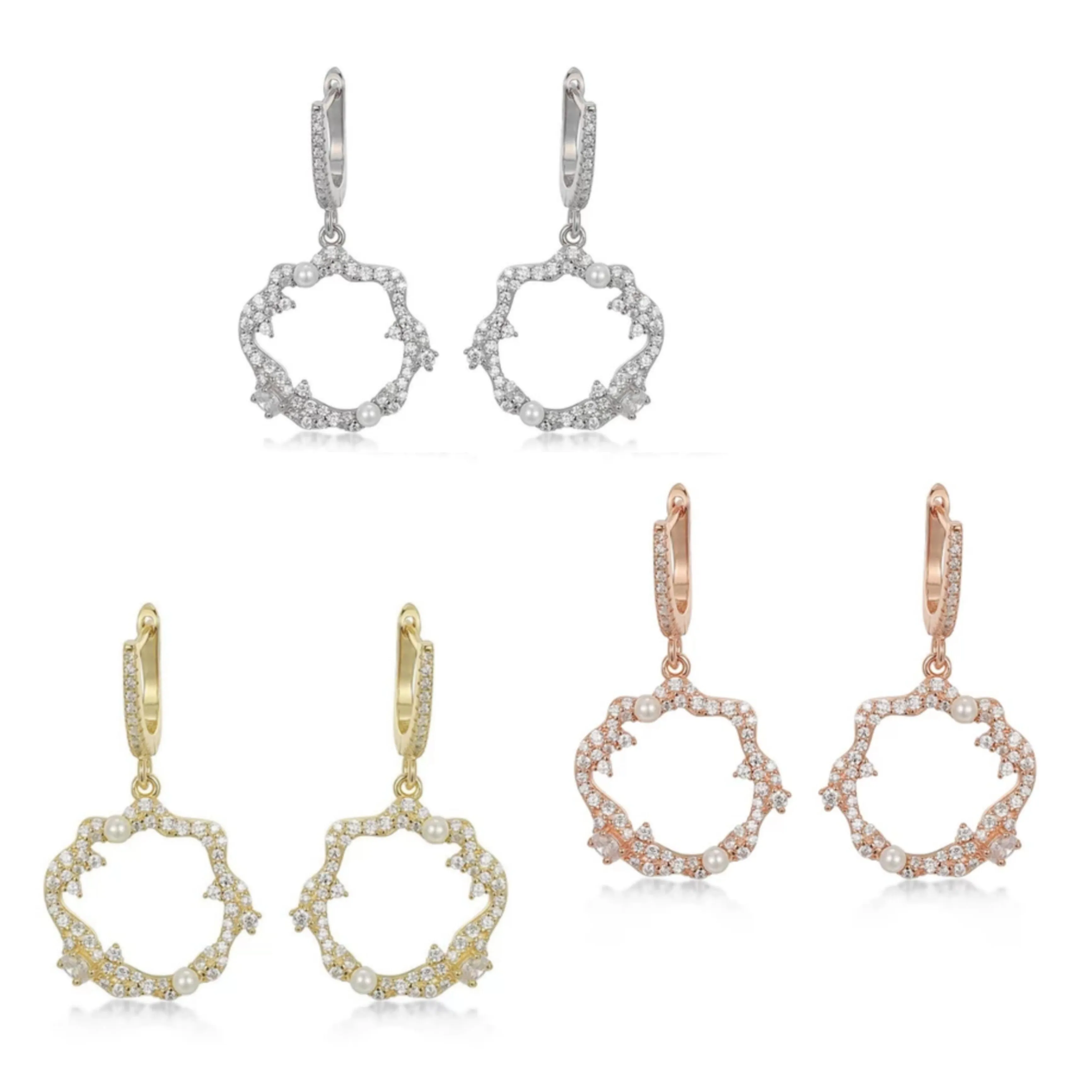Sterling Silver Sprinkled CZ and Pearl Circle Earrings