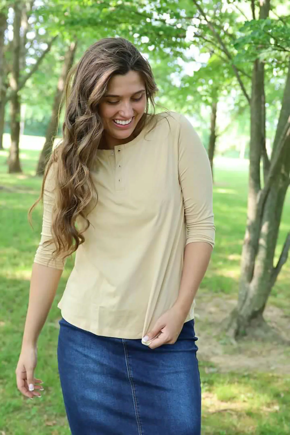 Tan 3/4 Sleeve Cotton Henley Shirt for Women