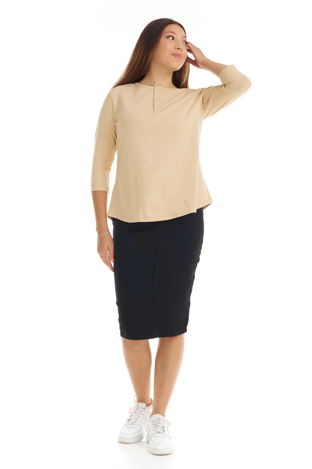 Tan 3/4 Sleeve Cotton Henley Shirt for Women