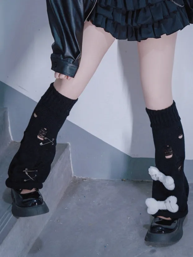White Bones Distressed Holes Gothic Black Knit Leg Warmers